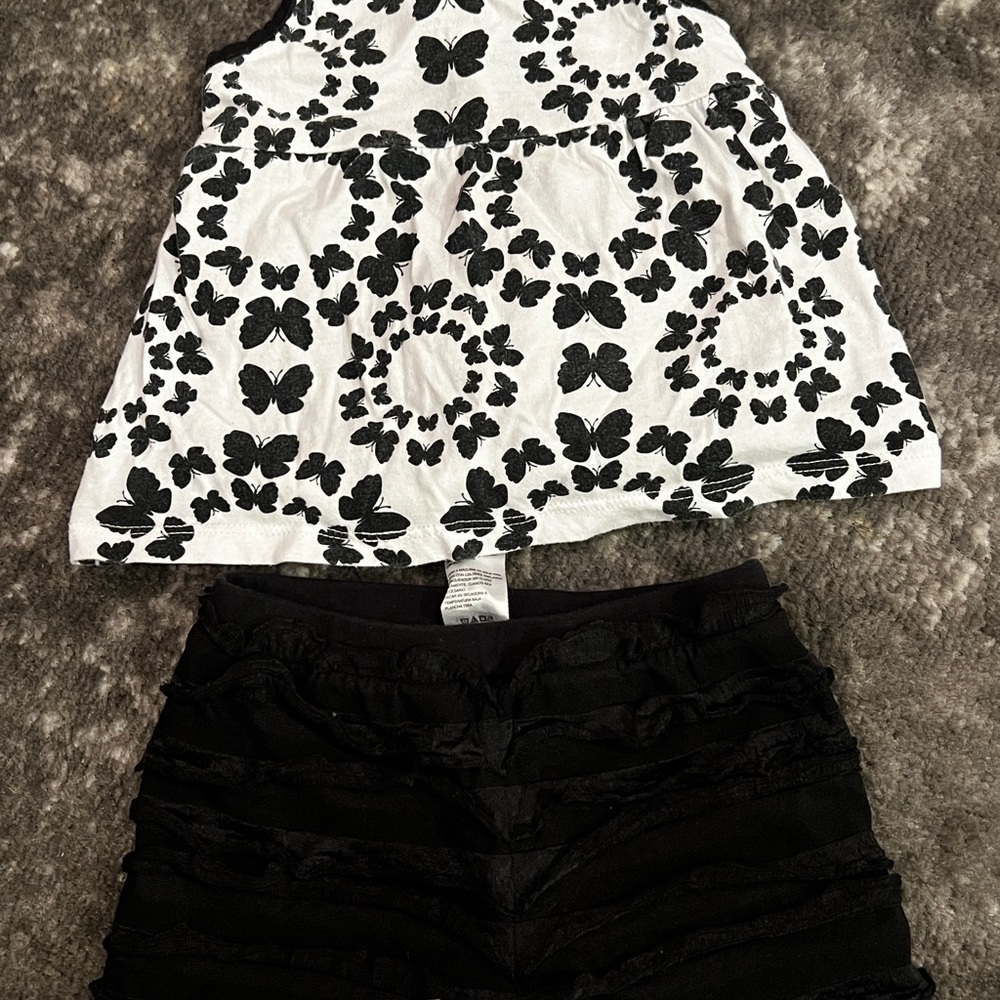 Black and White Butterfly Top with Black Ruffled Shorts